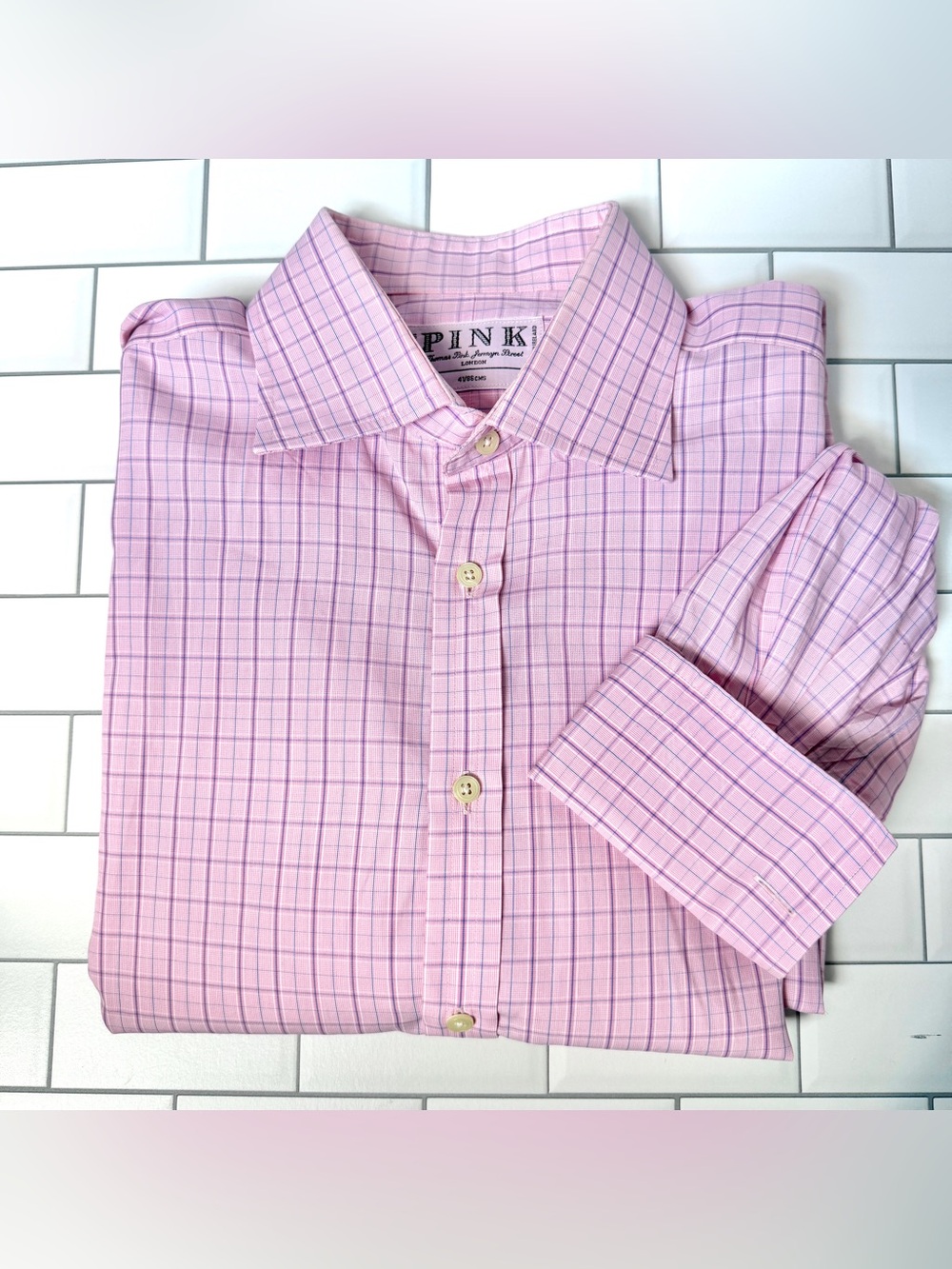 16/34🩷 Thomas PINK London Pink Plaid French Cuff Dress Shirt
